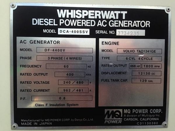 Generator MultiQuip / Whisperwatt 400 KVA / SOLD - Image 13